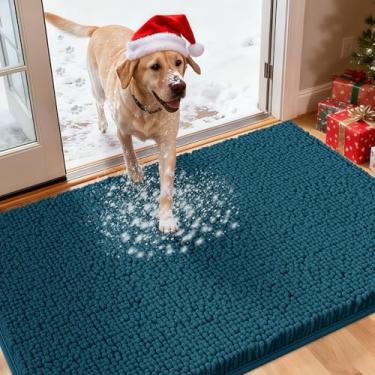 Imagem de IM HOME Tapetes de porta extra grandes azul-petróleo enlameados para cães, tapete absorvente de chenille, tapete de porta interno pesado antiderrapante, tapete macio para cama de cachorro frontal para