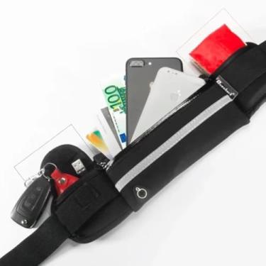 Imagem de Kit 2 Pochetes de Corrida Fitness Slim em Neoprene Impermeável, Preta, 20x10 cm, com 3 Bolsos e Porta Garrafa, Ajustável para Celular e Documentos