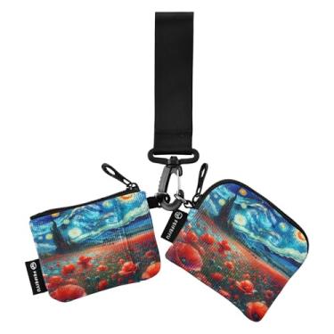 Imagem de Magical Forest Carteira com Bolsa Dupla Carteira Destacável Porta-moedas Portátil, Noite estrelada e flores vermelhas, one size