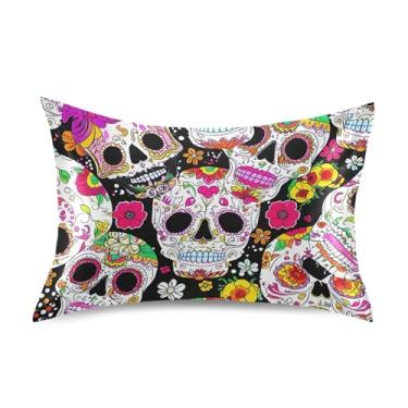 Imagem de Fronhas de cetim Cool King Queen Standard Pillows Slips Cooling Bed Pillow Case Soft Standard Size 66.0 cm x 50.8 cm Colorido Skulls Flowers Black