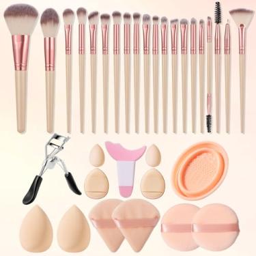 Imagem de Conjunto de 33 peças de 20 pincéis de maquiagem e esponjas de maquiagem, pincel de base para líquido, creme e pó – polido, mistura e pincel facial (damasco)