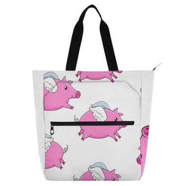 Imagem de GAIGEO Lindos desenhos animados de porcos rosa bolsas de trabalho para mulheres, bolsa de lona para escola de praia, bolsa mensageiro, presente para amantes de livros