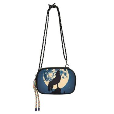 Imagem de TSENQUE Bolsa pequena tiracolo feminina bolsa de telefone com alça estampa animal lobo uivando lua viagem pequena bolsa de ombro