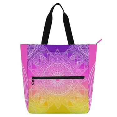 Imagem de GAIGEO Mandala Vibrante Roxo Amarelo Gradiente Bolsa de Trabalho para Mulheres Bolsa de Lona Escolar Bolsa de Livro Crianças Bonito Presente para Amantes de Livros Bolsas