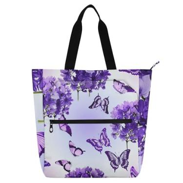 Imagem de Bolsa de mão roxa azul borboletas flores livro para mulheres crianças reutilizável zíper médio escola trabalho lona bolsa de mão