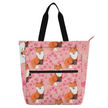 Imagem de Lindas raposas rosa flores bolsas de trabalho para mulheres tote lona praia livro bolsa zíper tecido bolsas livros amante presente
