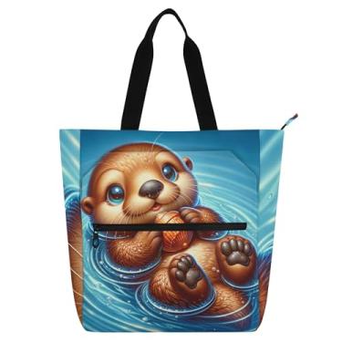 Imagem de Sacolas de trabalho femininas com estampa de animal de lontra marinha, bolsa escolar com zíper, utilitária, bolsas infantis, presente para amantes de livros
