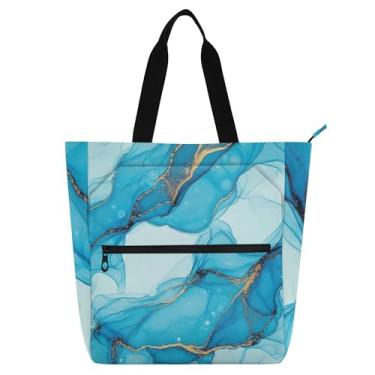 Imagem de GAIGEO Sacolas femininas de mármore turquesa azul para trabalho, lona, praia, escola, bolsa de tecido com compartimentos