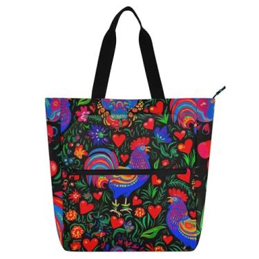 Imagem de GAIGEO Sacola de arte popular com galos coloridos para mulheres e crianças com zíper, bolsa escolar, presente para professores, bolsa de trabalho em lona