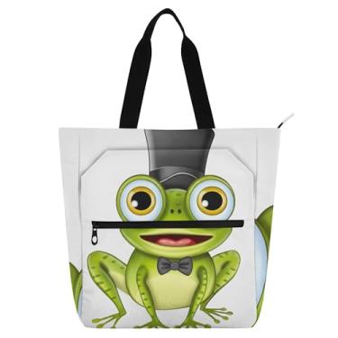 Imagem de GAIGEO Cute Frog Gentleman Bolsa de trabalho feminina bolsa escolar de lona com zíper bolsas femininas infantis com compartimentos