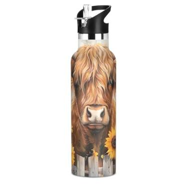 Imagem de Garrafa de água esportiva de aço inoxidável para adolescentes, lindo gado marrom Highland de 590 ml, à prova de vazamento, livre de BPA, copos de viagem isolados para crianças com tampa de canudo