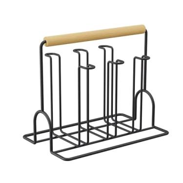 Imagem de LNQKJXIIA Boutiques US Suporte de árvore de caneca de 6 ganchos com cabo grosso de madeira de faia, suporte de copo de café de bancada de metal para cozinha, escorredor de pratos de café (preto)