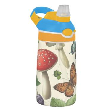 Imagem de Garrafa de água de 473 ml para crianças à prova de vazamento 473 ml Tritan Sports garrafa de água com canudo copo infantil reutilizável portátil, alça de transporte, cogumelos vintage folhas borboleta