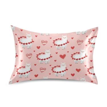 Imagem de Wassud Lhamas Heart Guirlanda Dia dos Namorados Fronha de cetim para cabelo e pele fronhas de seda lisa tamanho padrão capas de travesseiro respiráveis com fecho de envelope