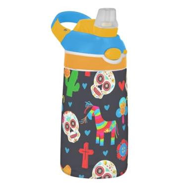 Imagem de Garrafa de água infantil colorida com desenho animado preto para escola, 473 ml, 473 ml, garrafa de água esportiva Tritan com canudo, copos de viagem portáteis para crianças, à prova de vazamento