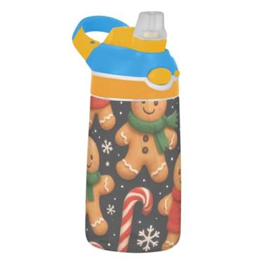 Imagem de Cute Gingerbread Men Candy Kids Garrafa de água esportiva Tritan reutilizável 473 ml com tampa de canudo 473 ml copo infantil portátil à prova de vazamento, alça de transporte