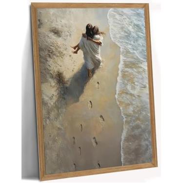 Imagem de YOXORDQ Footprints in the sand wall art, Jesus holding woman canvas print (moldura de madeira Jesus Woman, 30,5 x 40,6 cm)