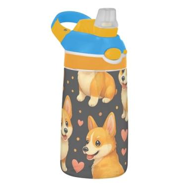 Imagem de Cute Corgi Dogs Garrafa de água infantil com poses divertidas para escola, 473 ml Tritan 473 ml garrafa de água esportiva com canudo, copos de viagem para crianças à prova de vazamento, portátil, alça