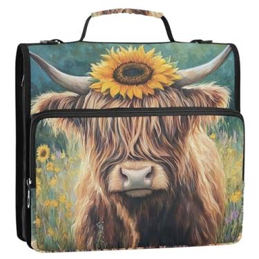 Imagem de 3 fichários de 3,8 cm anel D de vaca highland girassol arte com zíper organizador de fichário com alça para escola grande suporte de 500 folhas