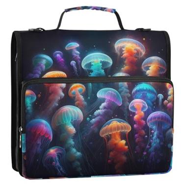 Imagem de Fichário de água-viva neon colorido de 3,8 cm, 3 anéis, fichário com zíper, fichário organizador com alça, bolsa escolar de ensino médio, pasta de portfólio com alça