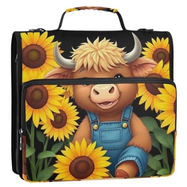 Imagem de Fichário de desenho animado com 3 anéis de girassol Highland 3 cm D anel organizador de fichário com zíper bolsa escolar com alça de ombro, suporte para 500 folhas