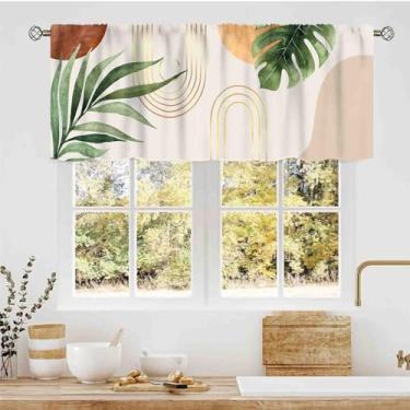 Imagem de Cortinas de cozinha com folhas boho, moderno, abstrato, verde, tropical, folhas de palmeira minimalista, arco geométrico, bolso para varão, pequena janela, para café, sala de estar, quarto, armário