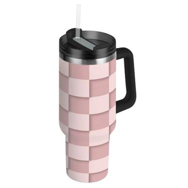 Imagem de Blueangle Copo de xadrez rosa de 850 g com alça e tampa de palha, caneca de viagem de aço inoxidável isolada a vácuo de parede dupla, garrafa de água reutilizável para academia de escritório ao ar
