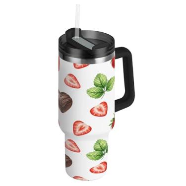 Imagem de Blueangle Copo de chocolate e morangos de 1,134 g com alça e tampa de palha, caneca de viagem de aço inoxidável isolada a vácuo de parede dupla, garrafa de água reutilizável para academia de