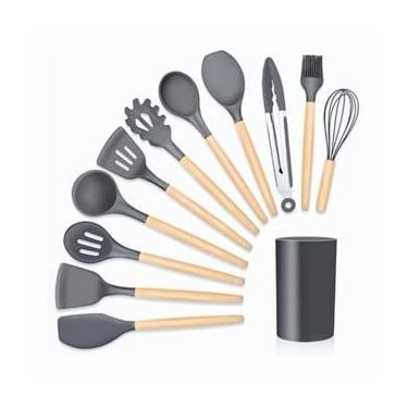 Imagem de Kit 5 Peças Utensílios De Cozinha Silicone Colher Espátula Espátula Pequena Pincel(12 Peças-26.5CM-cinzento)