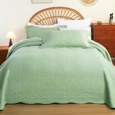 Imagem de Colcha de cama 100% algodão California King Size verde sálvia 289 cm x 259 cm - conjunto de cama com estampa xadrez, 3 peças, capa de microfibra leve pré-lavada, adequado para cama, sofá, cobertor de