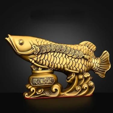Imagem de FENNYYAR Estátua de peixe de cobre, tigela de tesouro de dragão dourado, 19 cm, decoração de sala de estar e escritório