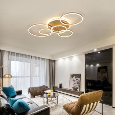 Imagem de Luminária de teto LED dimerizável com 6 anéis, 108 W, com controle remoto, ideal para sala de estar, quarto e cozinha (dourada, 5+1 lâmpadas).