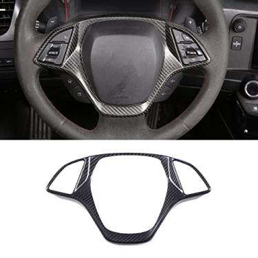 Imagem de Capa de volante com acabamento de fibra de carbono real, 1 peça compatível com Corvette C7 Stingray 2014-2019 Acessórios de acabamento de moldura de proteção de botão de volante (carbono preto)