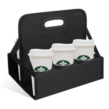 Imagem de AUVCAS Porta-bebidas para 6 xícaras com alça, suporte de bebida portátil para entrega, suporte dobrável para café, vinho, latas, porta-copos para entrega e bebidas quentes e frias (Preto)