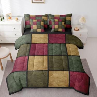 Imagem de Feelyou Conjunto de edredom com lençol de 7 peças, tamanho Queen, geométrico, xadrez, bordô, marrom, preto, para crianças, meninos, meninas, decoração de quarto de luxo, microfibra leve e macia