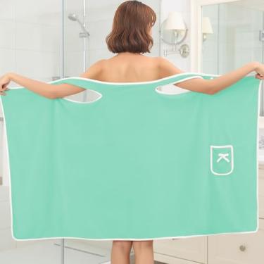 Imagem de Toalha de banho com design de bolso e laço, toalha de roupão de banho macia de secagem rápida para praia, piscina, banho e natação, verde