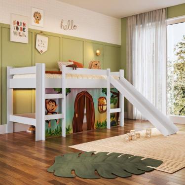 Imagem de Cama Infantil Alta com Escorregador e Cortina Kids Completa Moveis