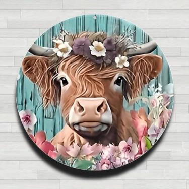 Imagem de Placa de parede redonda de metal rústico vintage com coroa de flor de vaca Highland, 20 cm, presentes e decoração para casa, escritório, café e quintal