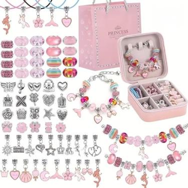 Imagem de Kit de fabricação de pulseiras de contas, conjunto de berloques roxos de 68 peças com caixa de presente de armazenamento para fazer joias faça você mesmo, festas de artesanato, viagens, rosa