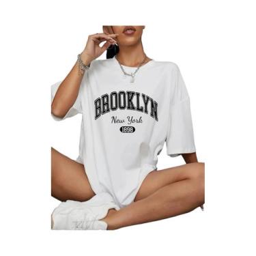 Imagem de Camisetas Casuais De Verão Femininas Com Estampa De Letras Brooklyn E 