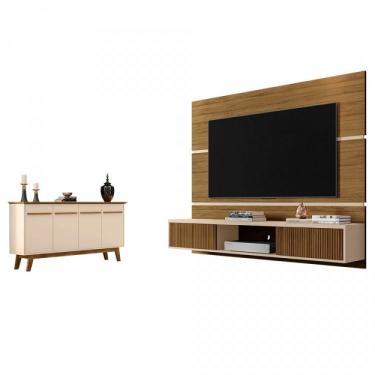 Imagem de Conjunto Painel Âmbar Tvs 65 Polegadas E Buffet Opala Pés De Madeira Móveis Bechara Cinamomo/off-white/ripado