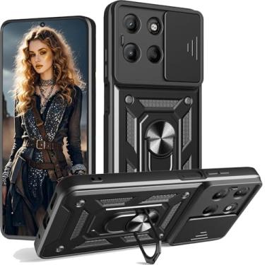Imagem de Ephoou Capa protetora para Motorola Moto G15, proteção à prova de choque de grau militar com capa deslizante para câmera e suporte magnético giratório de 360° para Motorola Moto G15 SJ, preta