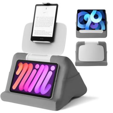 Imagem de SAIJI Suporte de travesseiro para tablet – Suporte para iPad Mini Kindle para colo na cama, com clipe multifuncional ajustável de ângulo para tablets de 4 a 13 polegadas, cinza