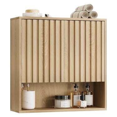 Imagem de Smart FENDEE Armário de parede de banheiro com portas caneladas, armário de remédios com prateleira ajustável, armário de armazenamento sobre o vaso sanitário para lavanderia, cozinha e sala de estar