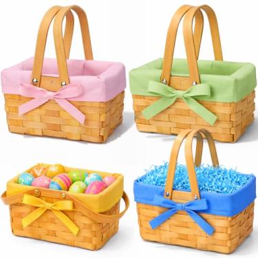 Imagem de Sunnychicc 4 peças de cesta de Páscoa com alças duplas dobráveis e forro de guingão, vazio, natural, lascas de madeira, piquenique, bambu feito à mão, cesta de ovos para piquenique, embalagem de