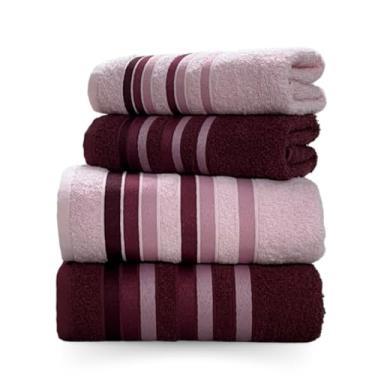 Imagem de Jogo 4 Peças Toalhas de Banho - 100% Algodão, Grossa Felpuda e Macia, Excelente Absorção para Ambientes Domésticos e Hospedagem (Vinho/Rosa Claro)