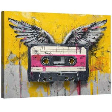 Imagem de Halioyo Fita cassete de graffiti com arte de parede em tela com asas, pôster de fita de música moderna, decoração de parede para sala de estar, quarto, dormitório, arte pronta para pendurar - 30,5 x
