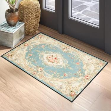 Imagem de Tapete vintage country floral de 5 x 7 m - Tapete antiderrapante com padrão ornamentado azul claro para quarto, sala de estar, escritório, tapete de chão lavável elegante