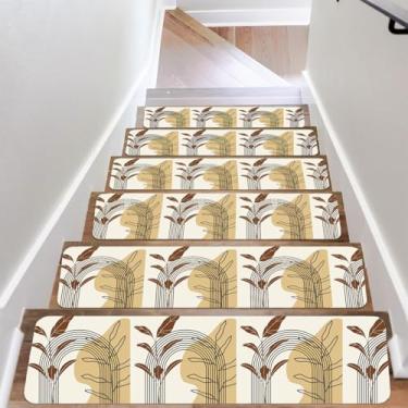 Imagem de Folhas amarelas bege retrô abstratas deslizantes 20 x 76 cm, tapete de escada de borracha para degraus de escada laváveis e reutilizáveis para degraus de madeira