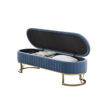 Imagem de Banco de armazenamento moderno - Otomano para quarto, extremidade da cama, banco de entrada, banco de veludo moderno para o pé da cama, banco estofado com pernas douradas decorativas (azul, 100 x 45 x